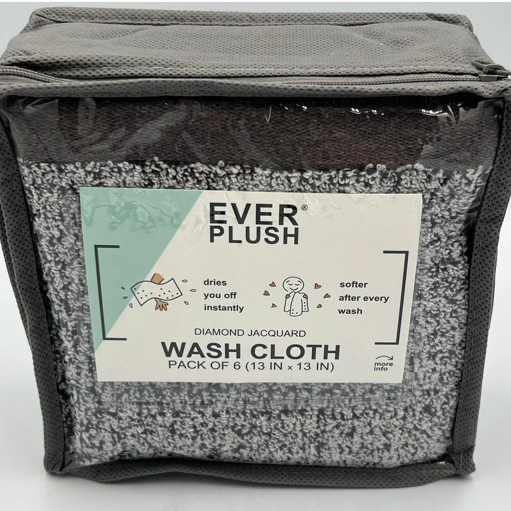 Everplush Washcloths Set of 6 Grey 13x13 Diamond Jacquard Quick Dry New